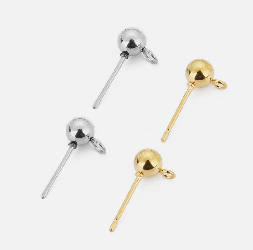 50pcs Stainless Steel 4mm Round Ball Earrings Stud Posts with Loop