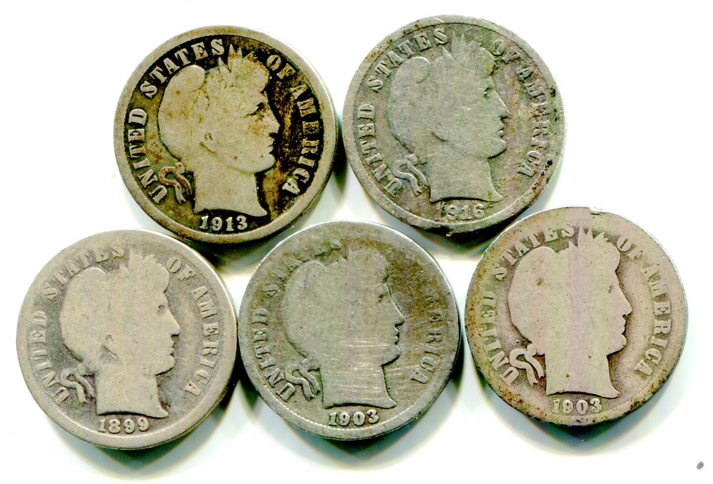 Five Different Silver Barber Dimes !!
