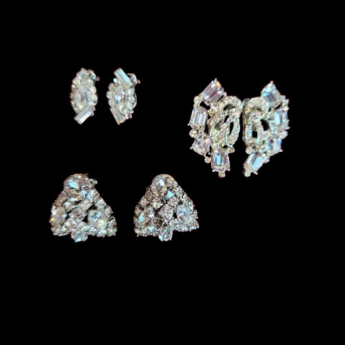 3 Pairs of Elegant Clip-on Earrings Costume Jewelry Clear Rhinestones