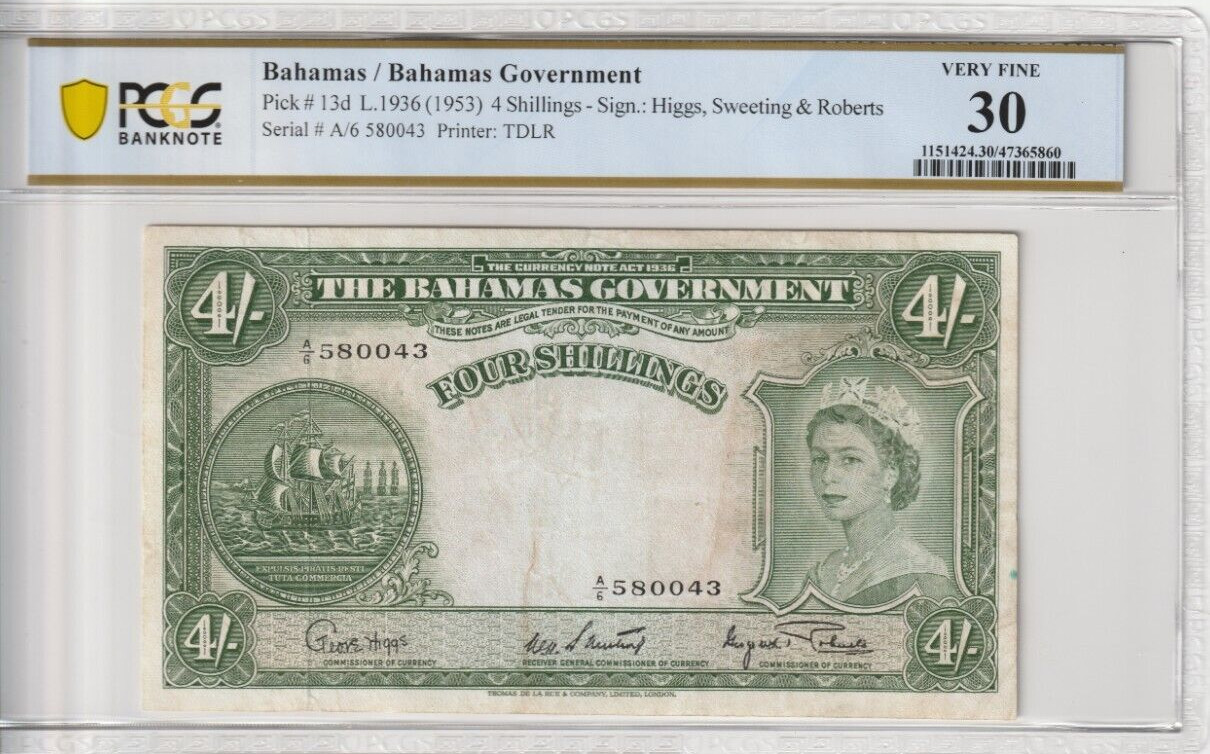 Bahamas 1953 4 Shillings Certified PCGS Banknote VF 30 Pick 13d