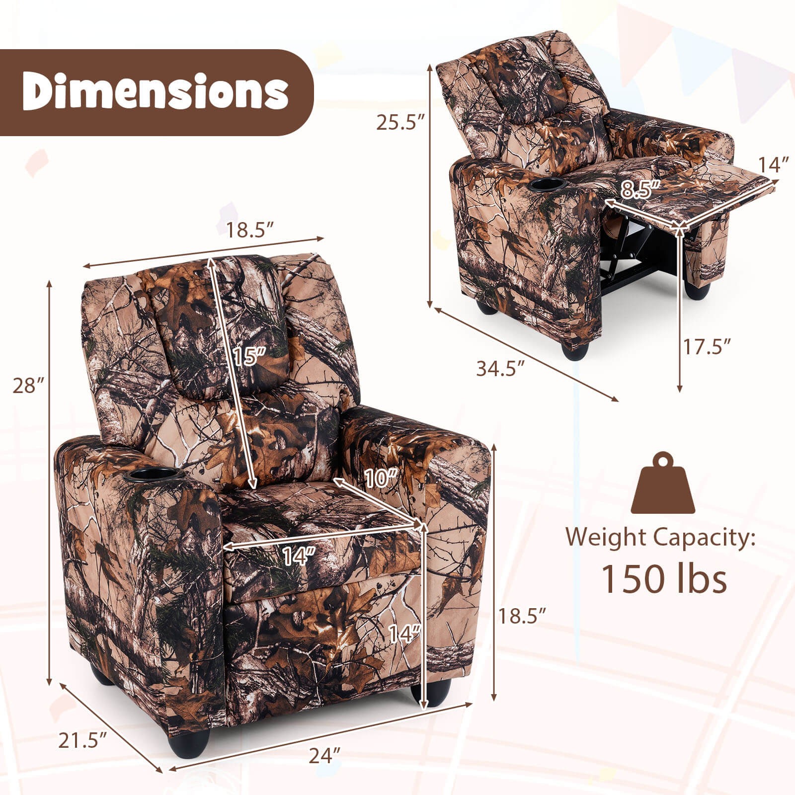 Kids Recliner with Cup Holder w/Adjustable Backrest & Footrest for Boys & Girls