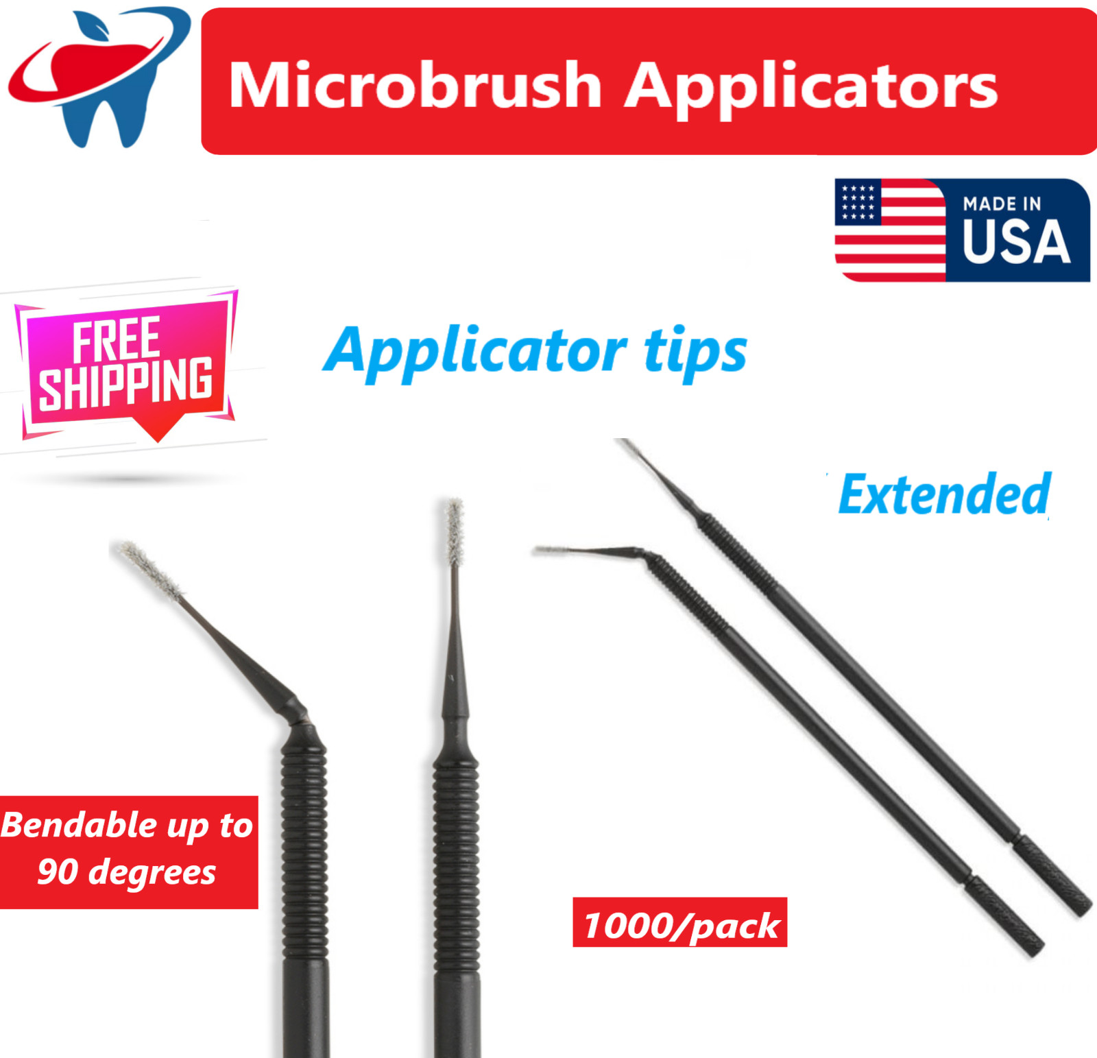 Microbrush X Extended, Extra-Thin Applicators, Black, 1000/Pk, Bendable up to 90
