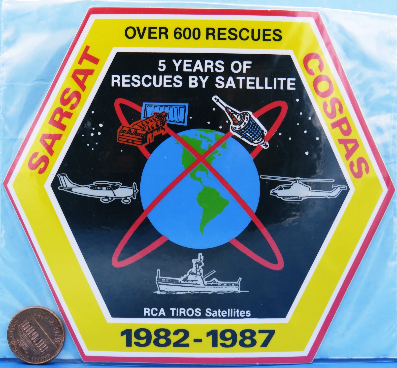 NASA STICKER vtg Sarsat Cospas / 5 Year of Rescue By SATELLITE TIROS '82 - '87