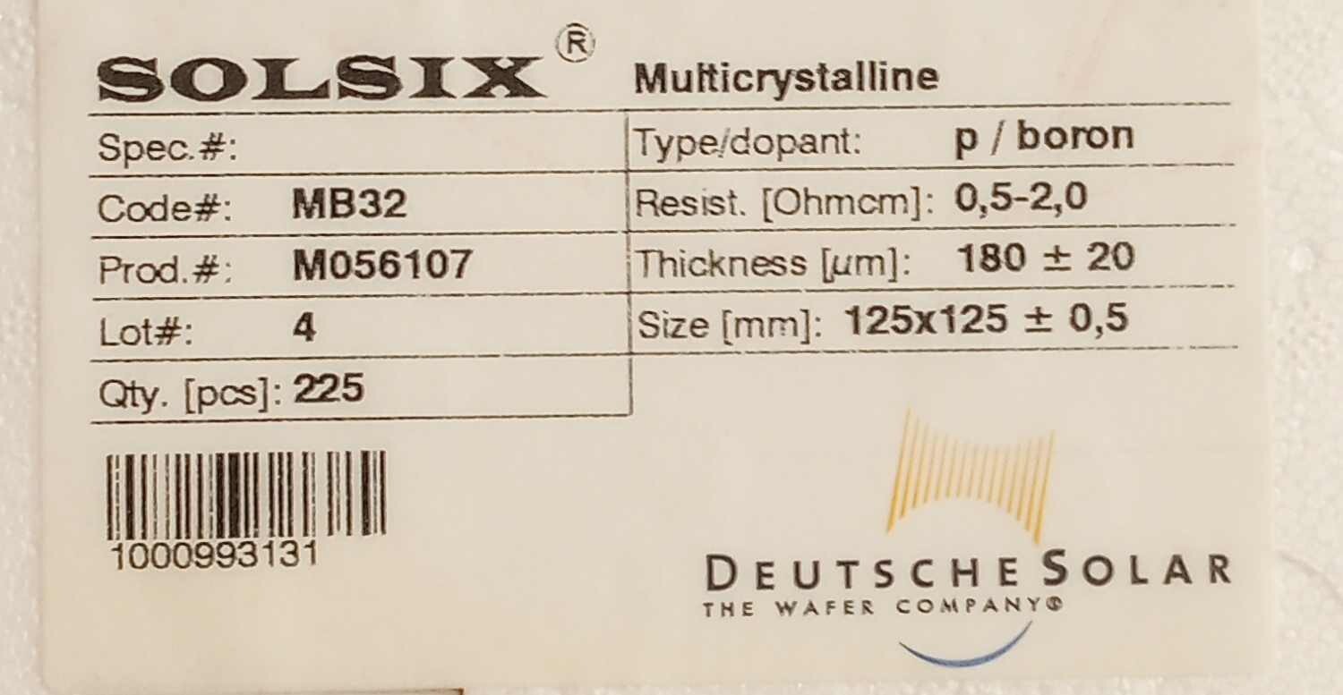 Silicon - SOLSIX Deutsche Solar silicon slices- 125x125mm - 180um - Qty225