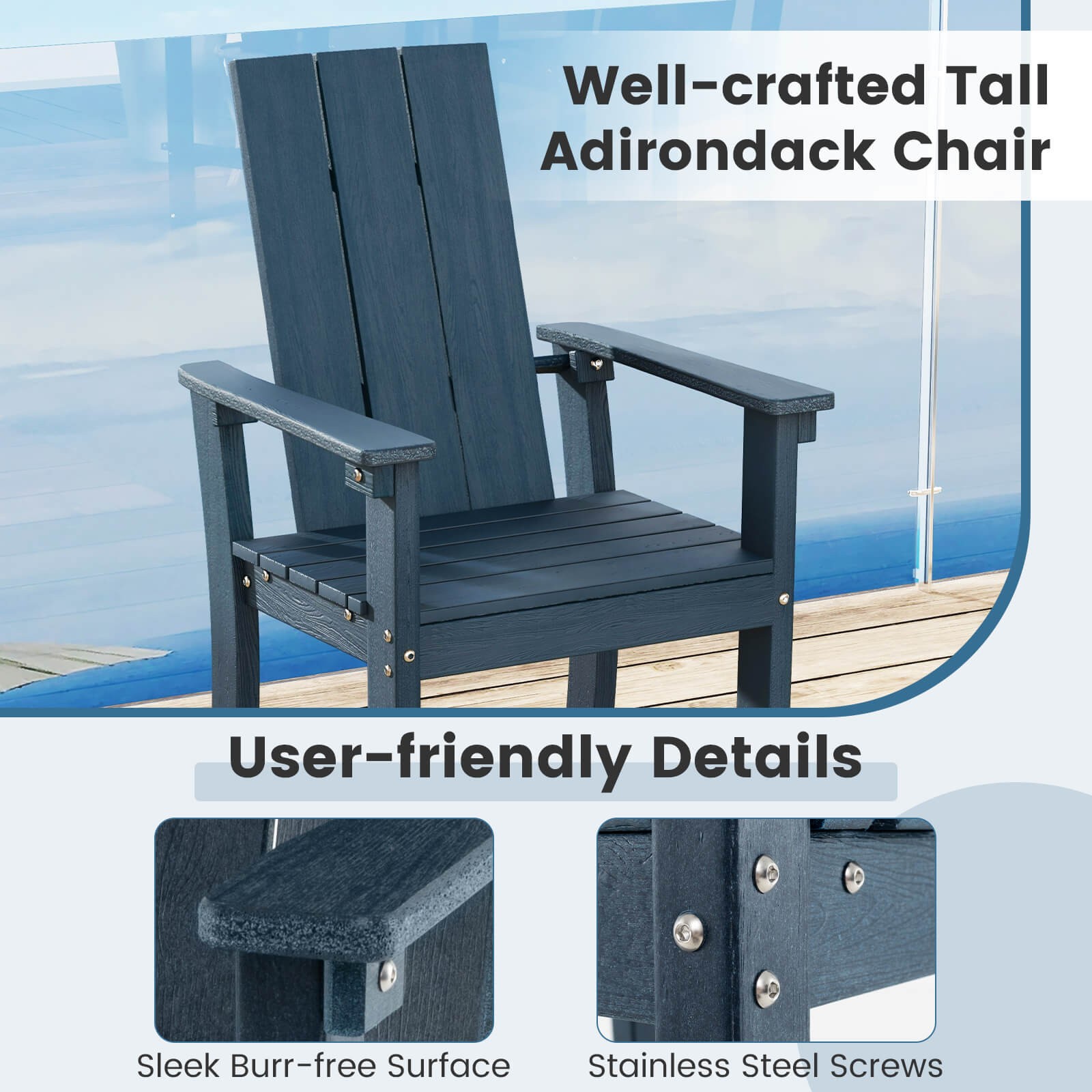 Tall Adirondack Chair with Ergonomic Backrest Armrests & Footrest for Backyard