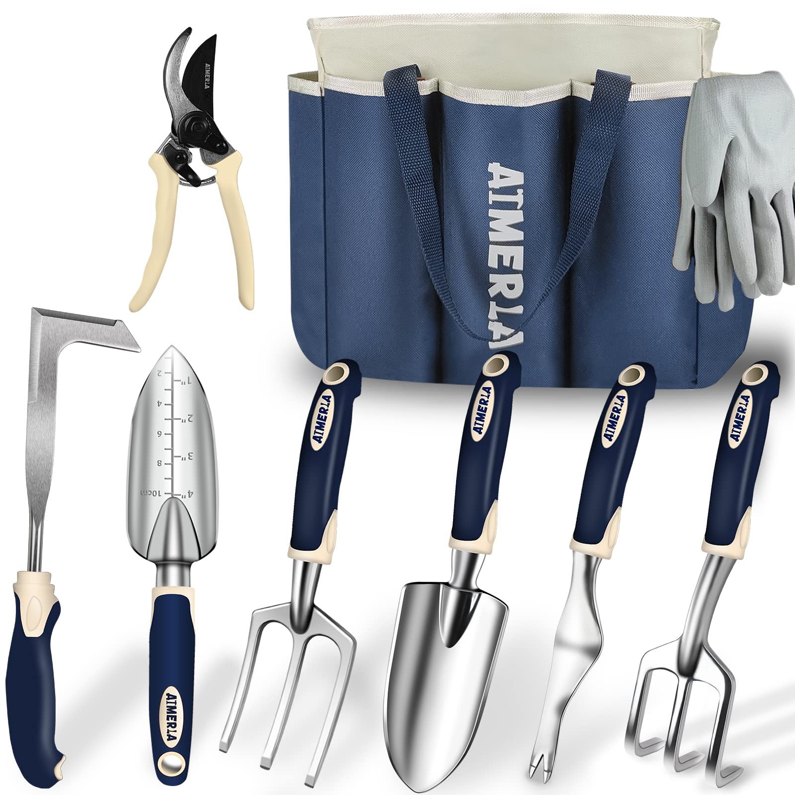 Aimerla Gardening Tools Set of 9 Heavy Duty Garden with Non-Slip Blue