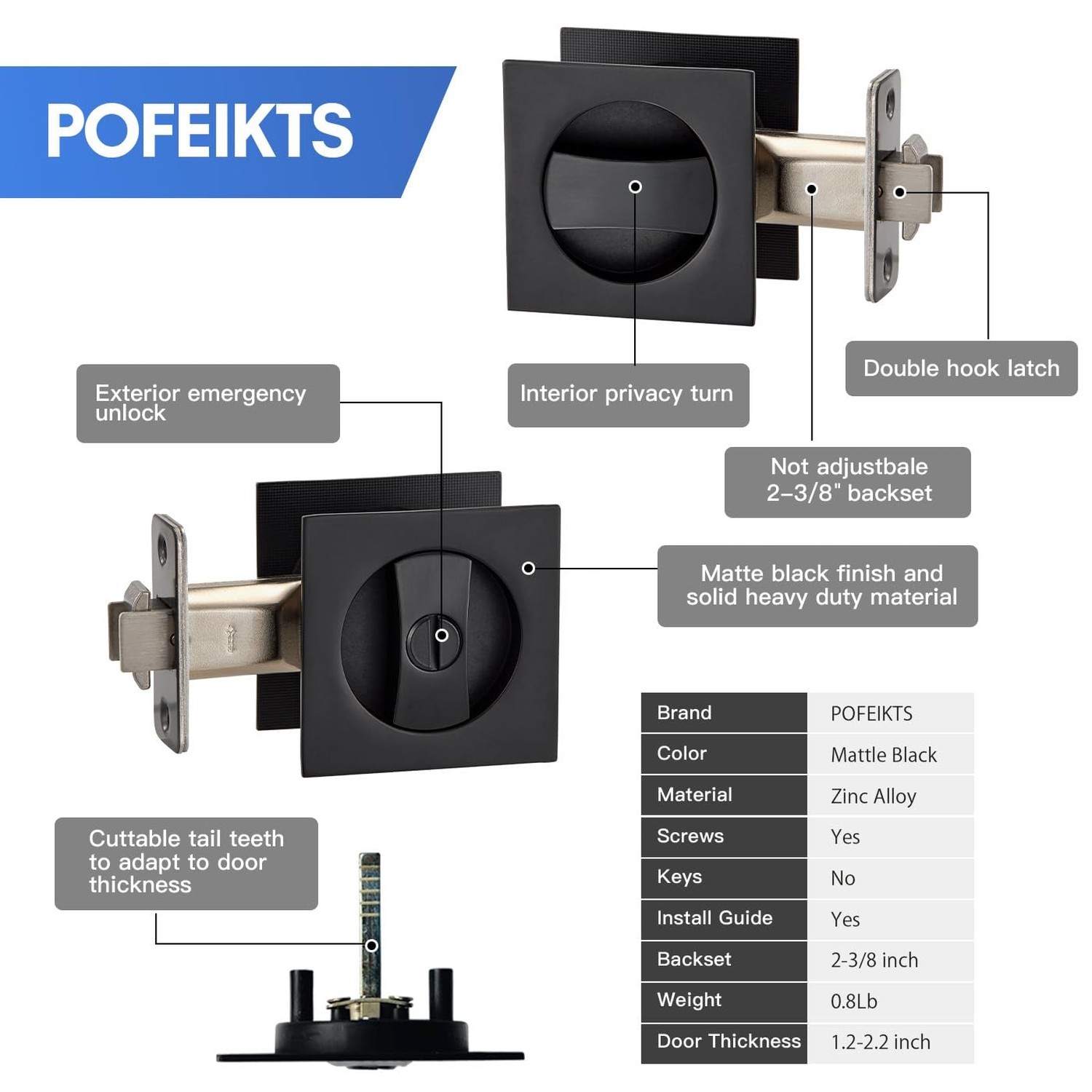 Matte Black Pocket Door Hardware with Privacy Lock & Latch - Contemporary Sty...