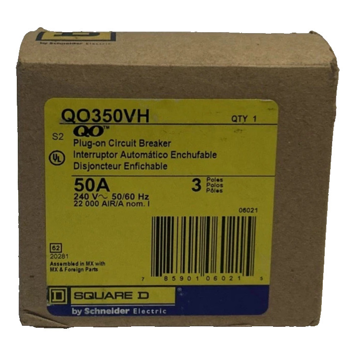 NEW Square D QO350VH 50 Amp 3 Pole 240 V 22kA Plug On Circuit Breaker