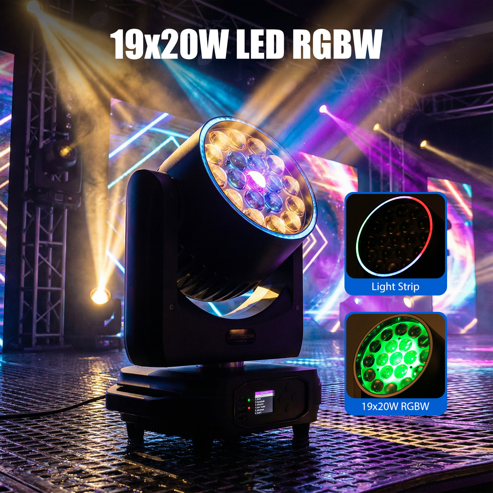 2PC 19x20W Moving Head Beam Light RGBW DMX Zoom Wash Lighting DJ Disco Bar