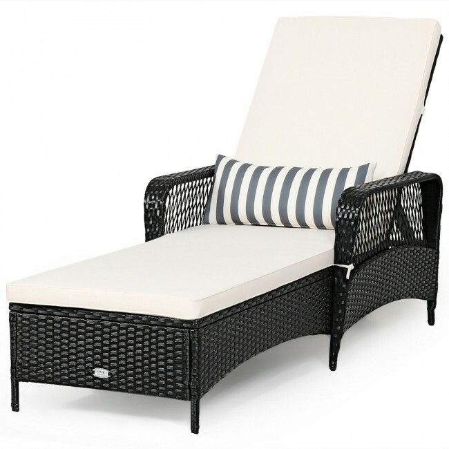 PE Wicker Rattan Chaise Lounge Chair Armrest Outdoor Recliner Adjustable Pillow