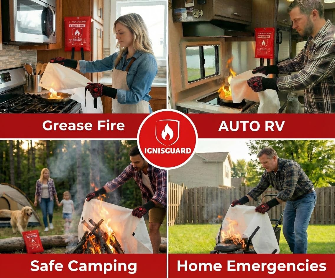 Fire Blankets 4 Pack, 40x40in with 1 Pair Fire Resistant Gloves & 4 Hooks, Fi...