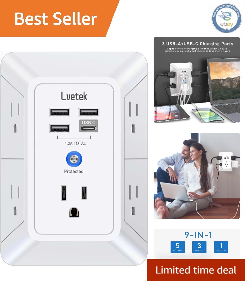 5 Outlet Extender with 4 USB Ports & 1680J Surge Protection -  Listed Safety