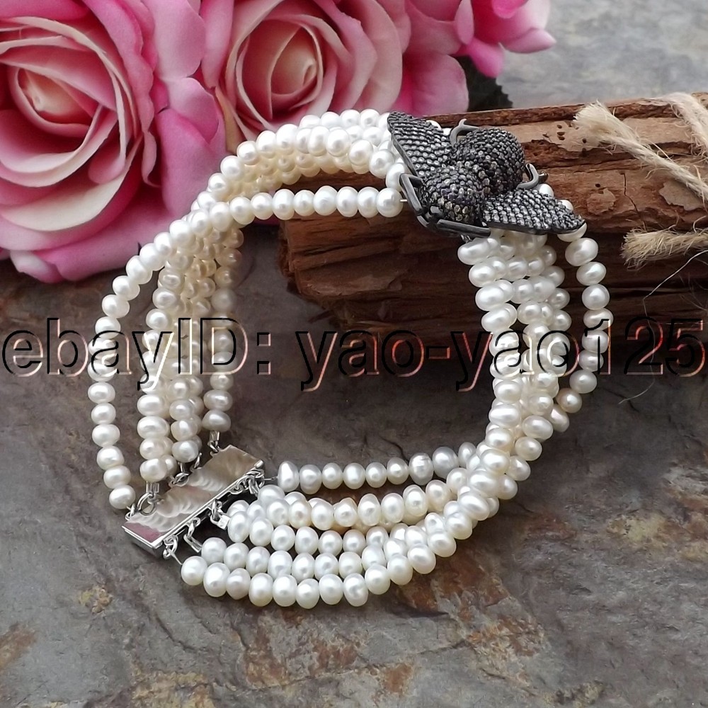 6 Strands 8" Cultured White Pearl CZ Pave Bee Bracelet