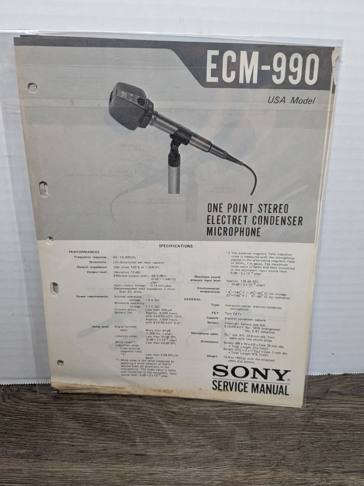 Sony ECM-990 One Point Microphone Service Manual Original Paperwork Repair