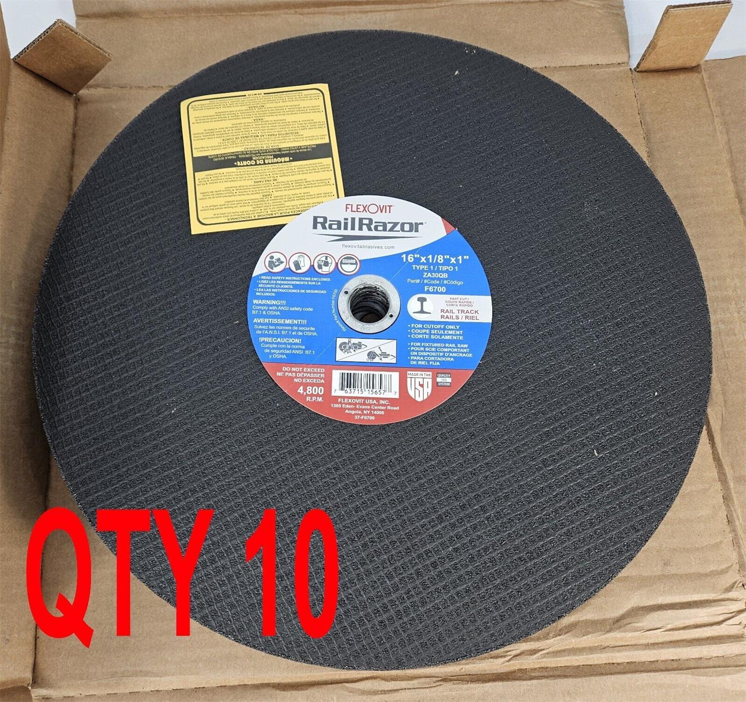 FLEXOVIT Reinforced Cutoff Wheel RAILRAZOR F6700 16" x 1" x 1/8" Qty 10