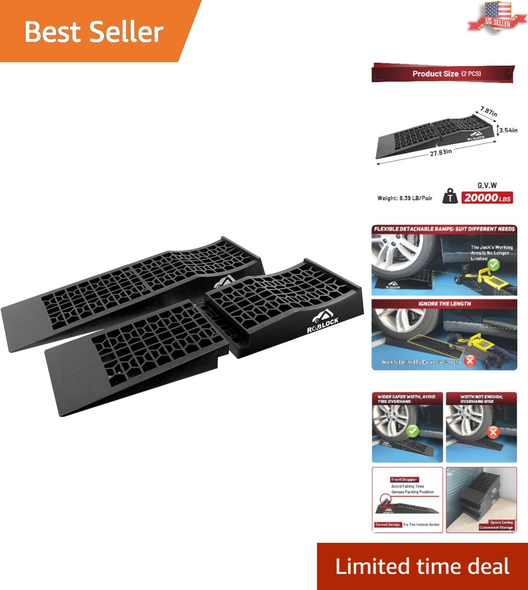 Low Profile Plastic Car Ramps with Wide Wheel Compatibility - 27.83'' L, 2-Pack