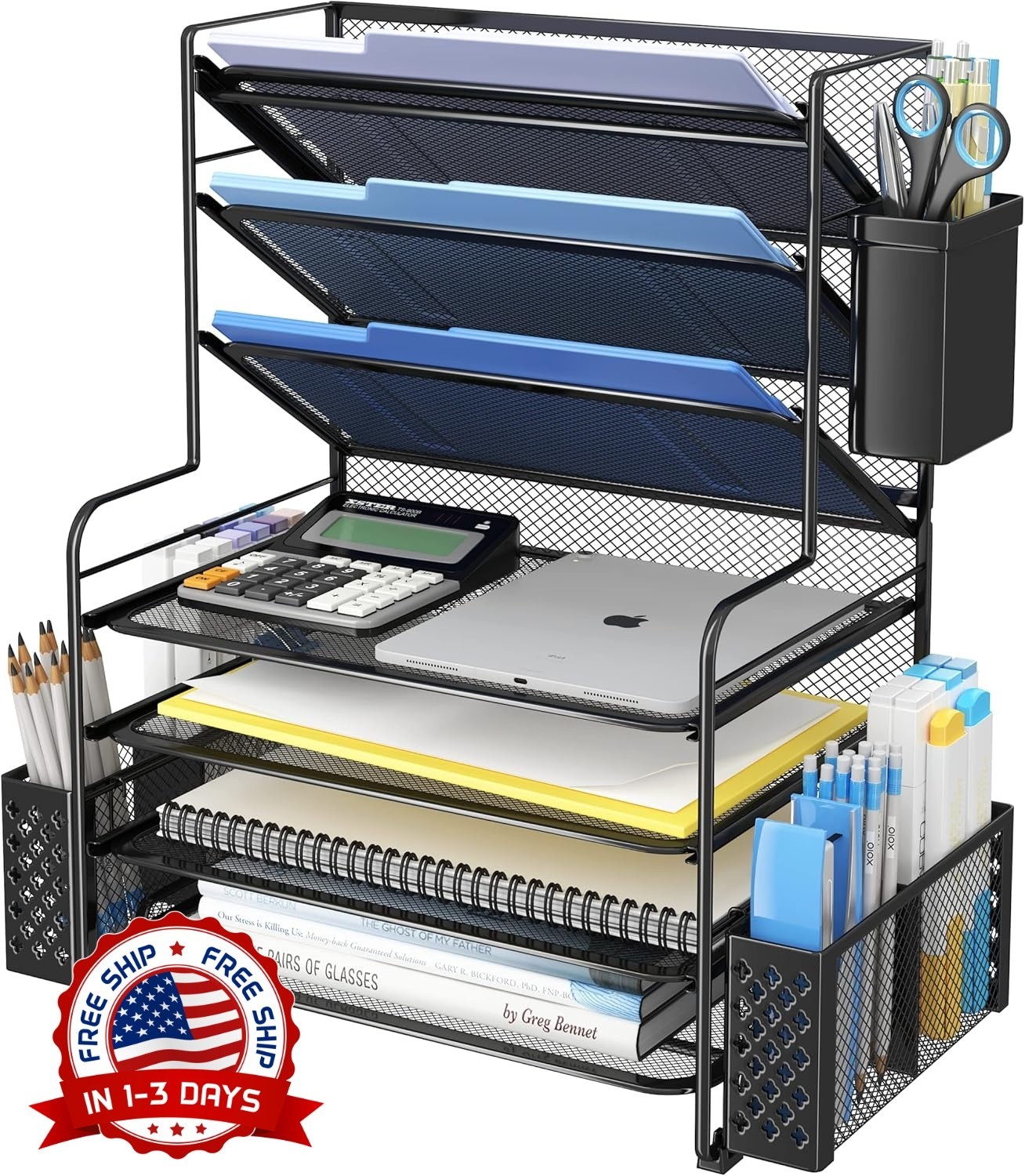 Organizador de archivos de escritorio de 7 niveles con portalápices (Negra) NEW