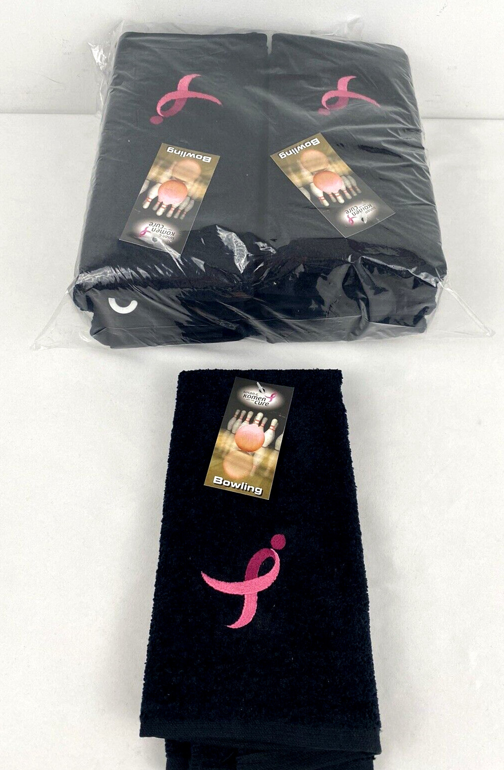 Lot of 10 Susan G. Komen For The Cure Bowling Towels, Black with Pink Ribbon