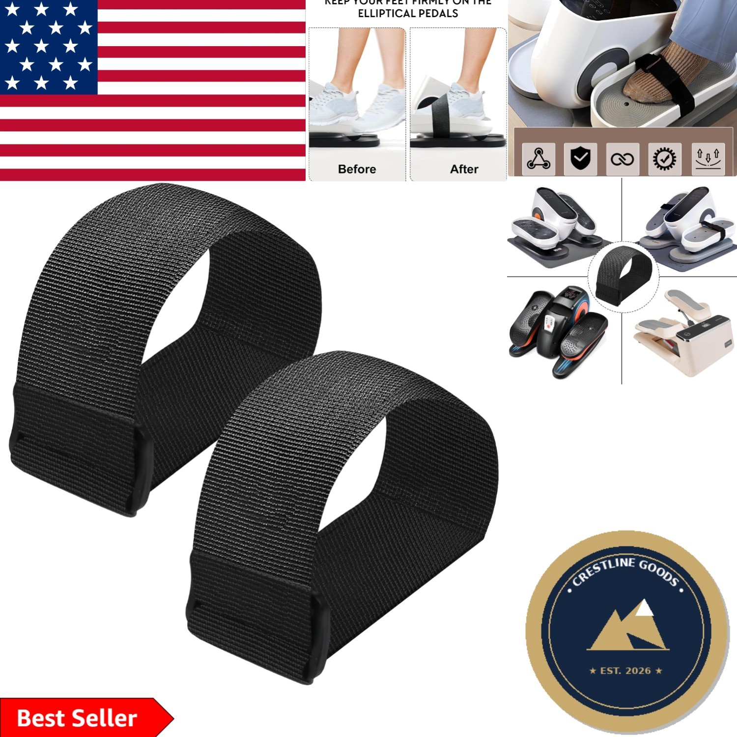 Multipurpose Elliptical Foot Support Straps - 2 Count, Secure for Home & Gym Use