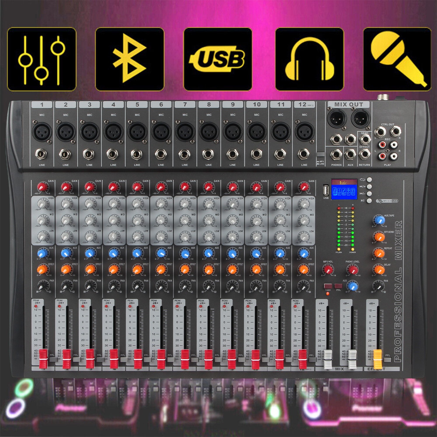 Pro 12 Channel Power Mixer Audio Mixing Console 16 DSP w/USB Bluetooth 110-220V