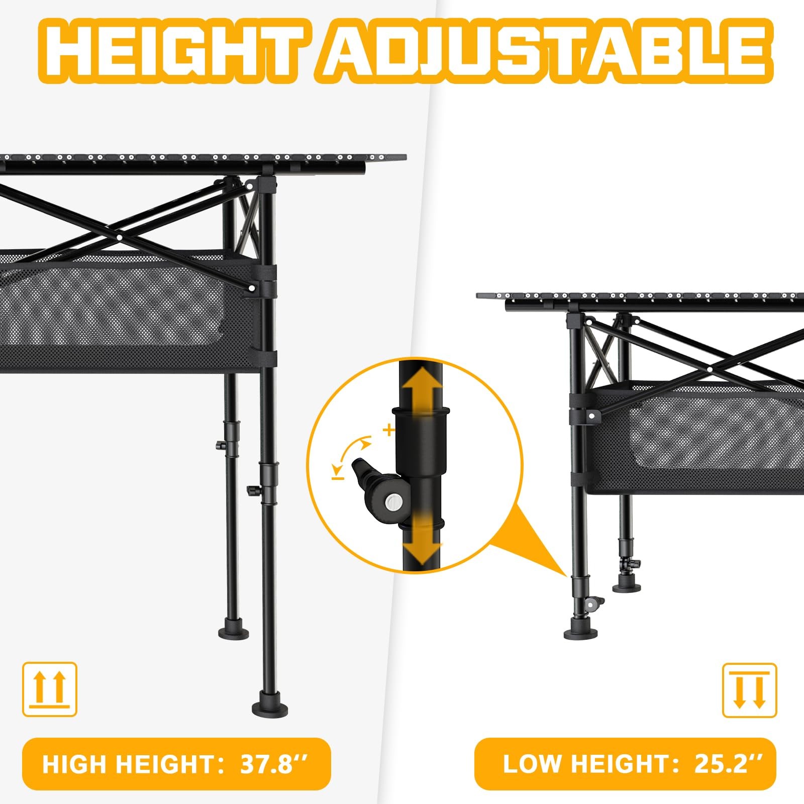 Height Adjustable Camping Table, Outdoor Folding 47" x 22" x 38", Black