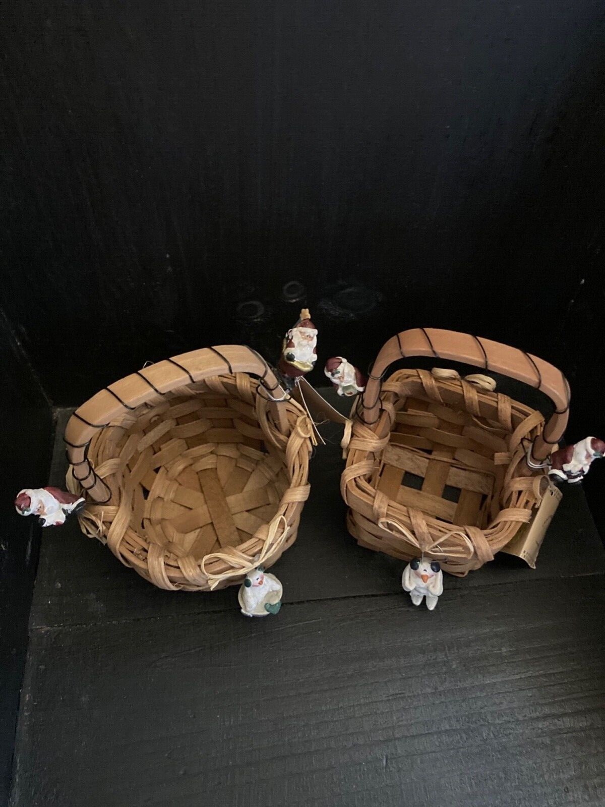 2 Small Crazy Mountain Wicker Christmas Baskets w/Snowman and Santa Decorations