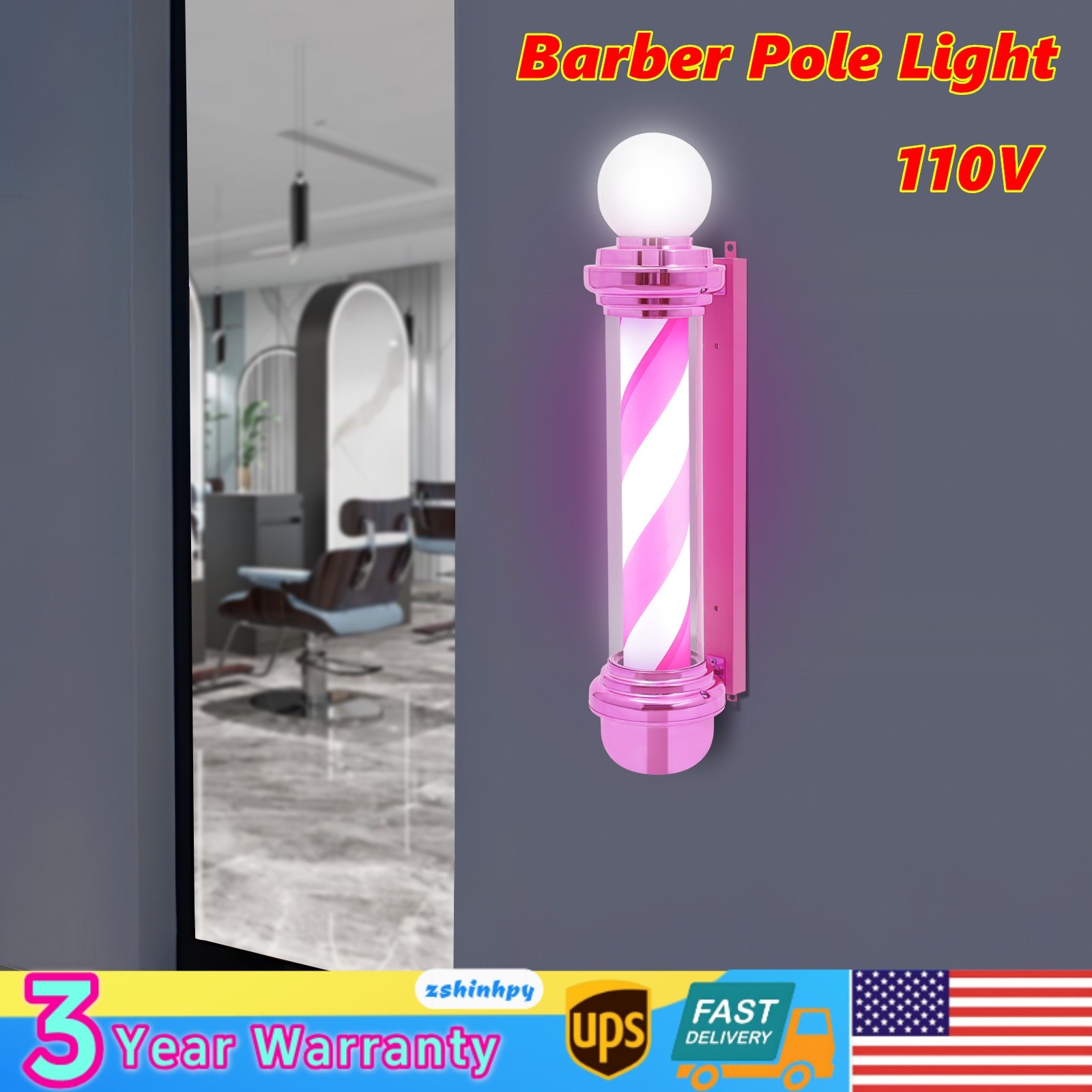 LED Rotating Barber Pole Light - Pink+White Stripes Barber Shop Hair Salon Sign
