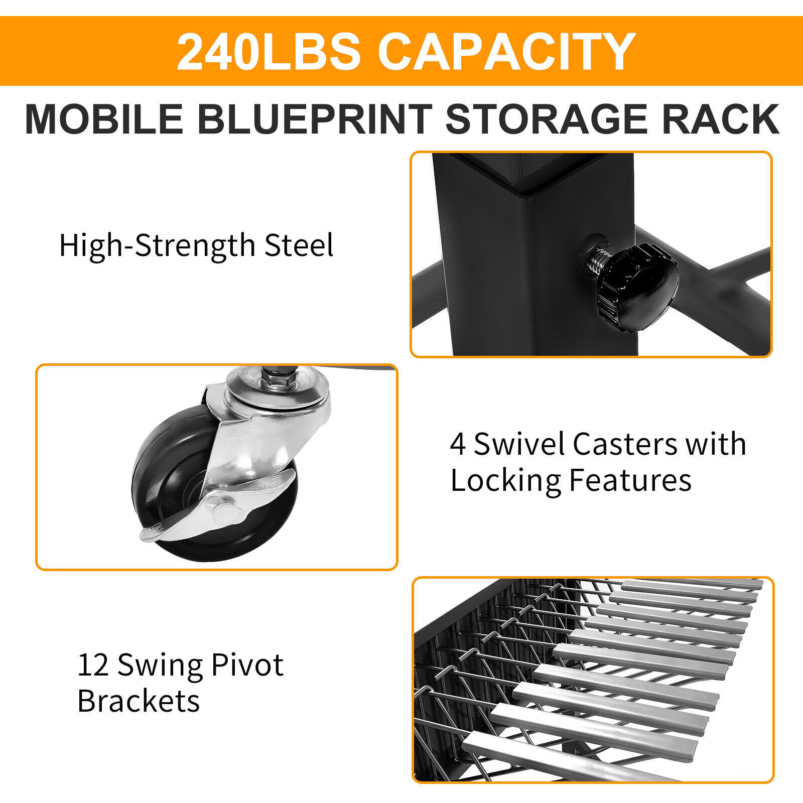 Mobile Blueprint Holder Storage Rack Hanging Poster Display w/12 Bracket 240 lbs