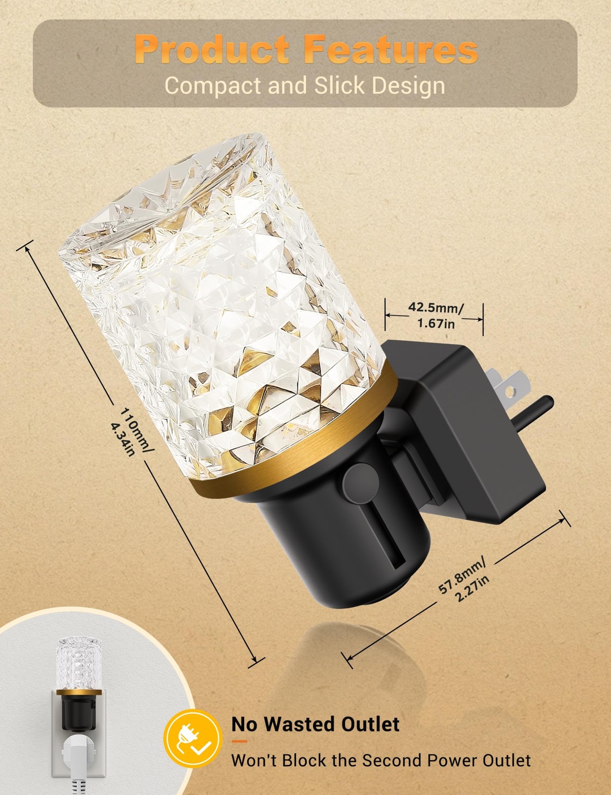 JandCase LED Night Light, Dimmable Lights Plug 1 Pack, Crystal - Warm