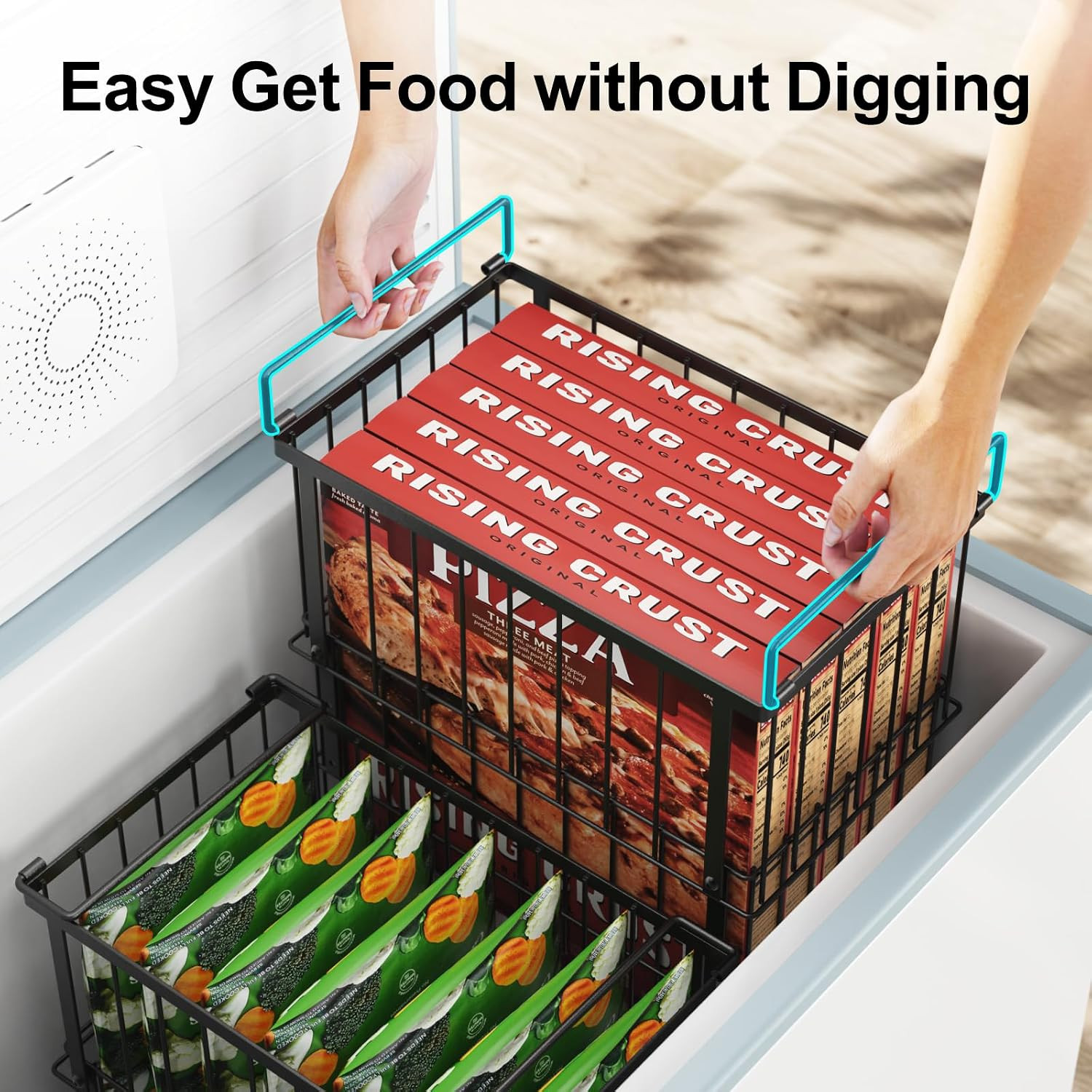Deep Freezer Organizer Bins - Height-Adjustable Fit 12" Pizza, 2Pcs | Extra Larg