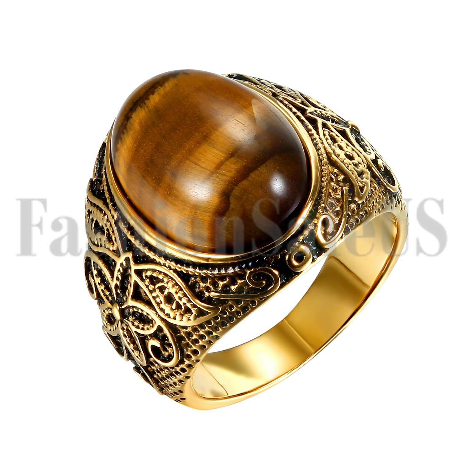 Vintage Mens Womens Floral Biker Stainless Steel Tiger Eye Stone Ring Size 7-12