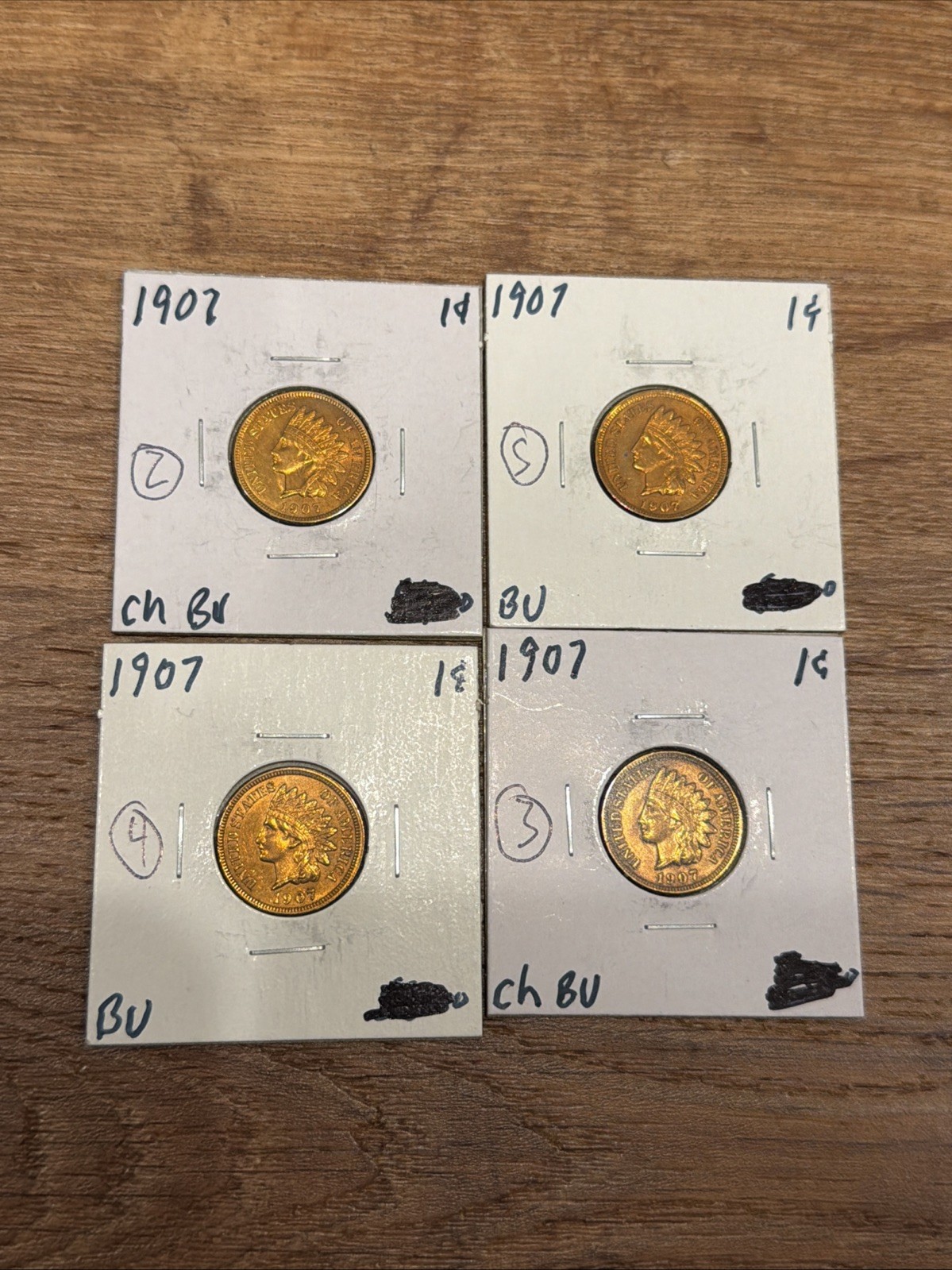 (4) 1907 Indian Head Pennies- BU- Brilliant