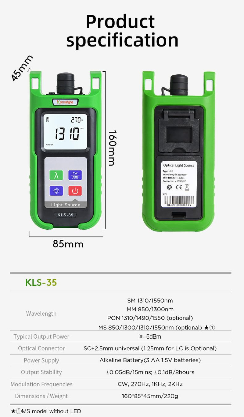 Reliable 1310/1550Nm Optical Fiber Light Source KLS-35-MS for Precise Testing