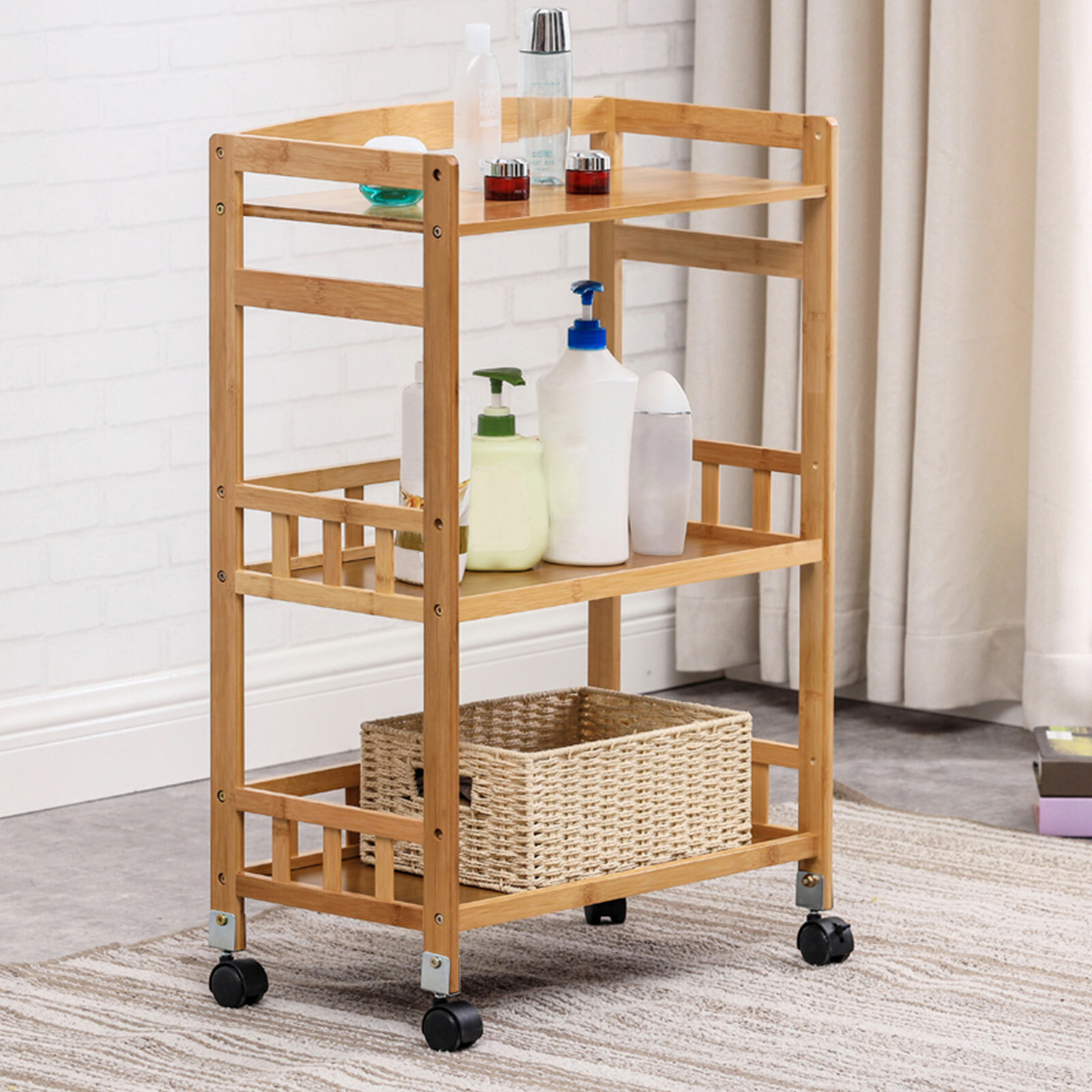 Kitchen Mobile Rolling Serving Cart Storage 3 Tiers Standing Wood Color