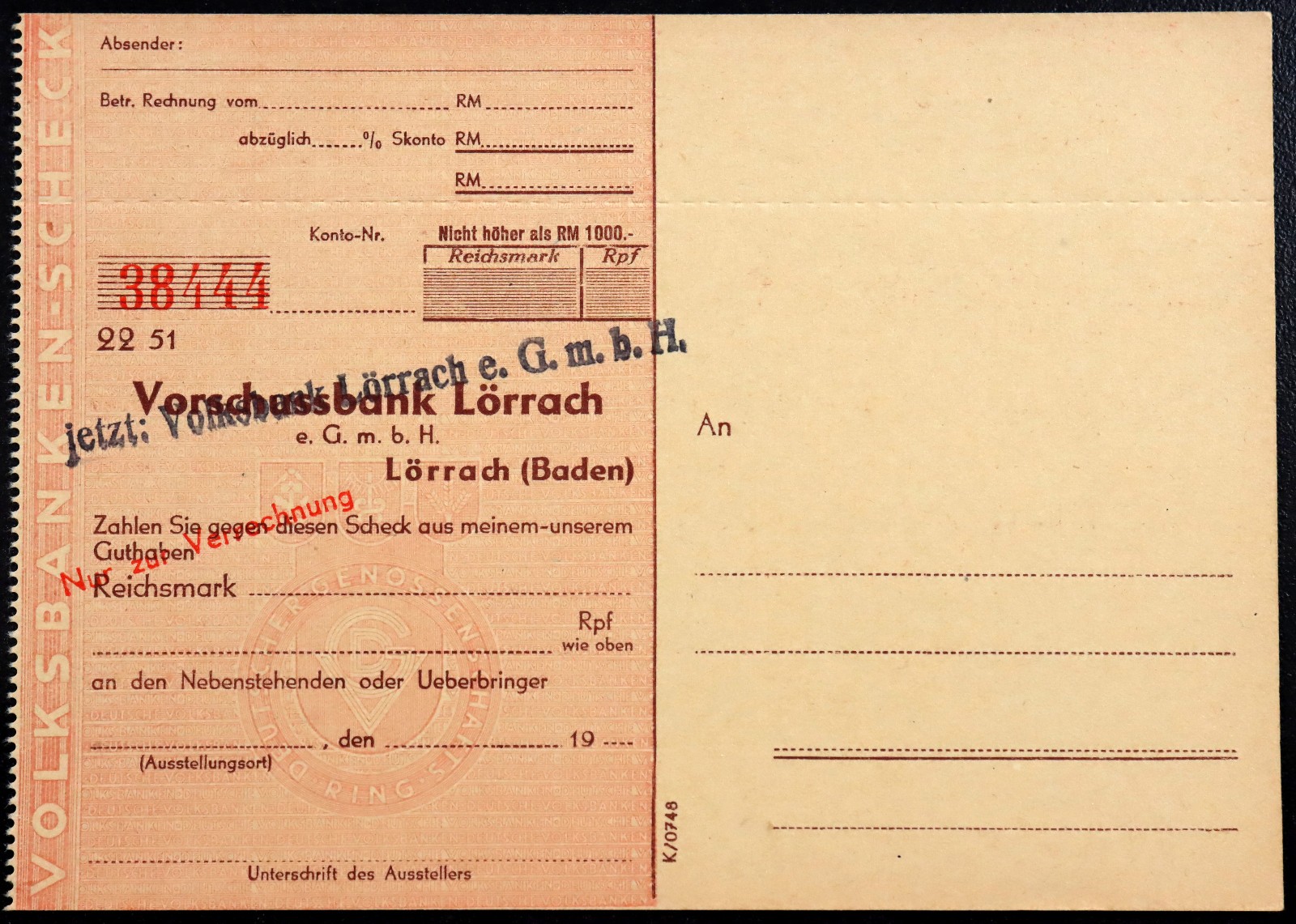 LÖRRACH ca. 1947 "Volksbank" Unissued Scheck-Notgeld Blank Form Remainder