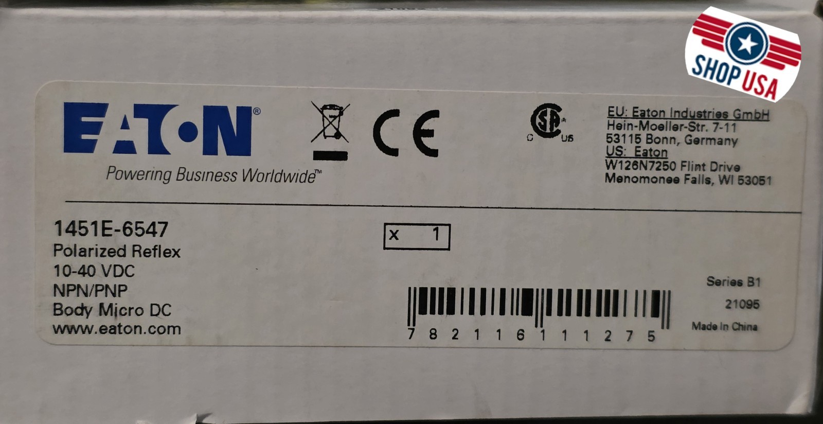 Eaton 1451E-6547 Polarized Retroreflective Photoelectric Sensor *New *USA