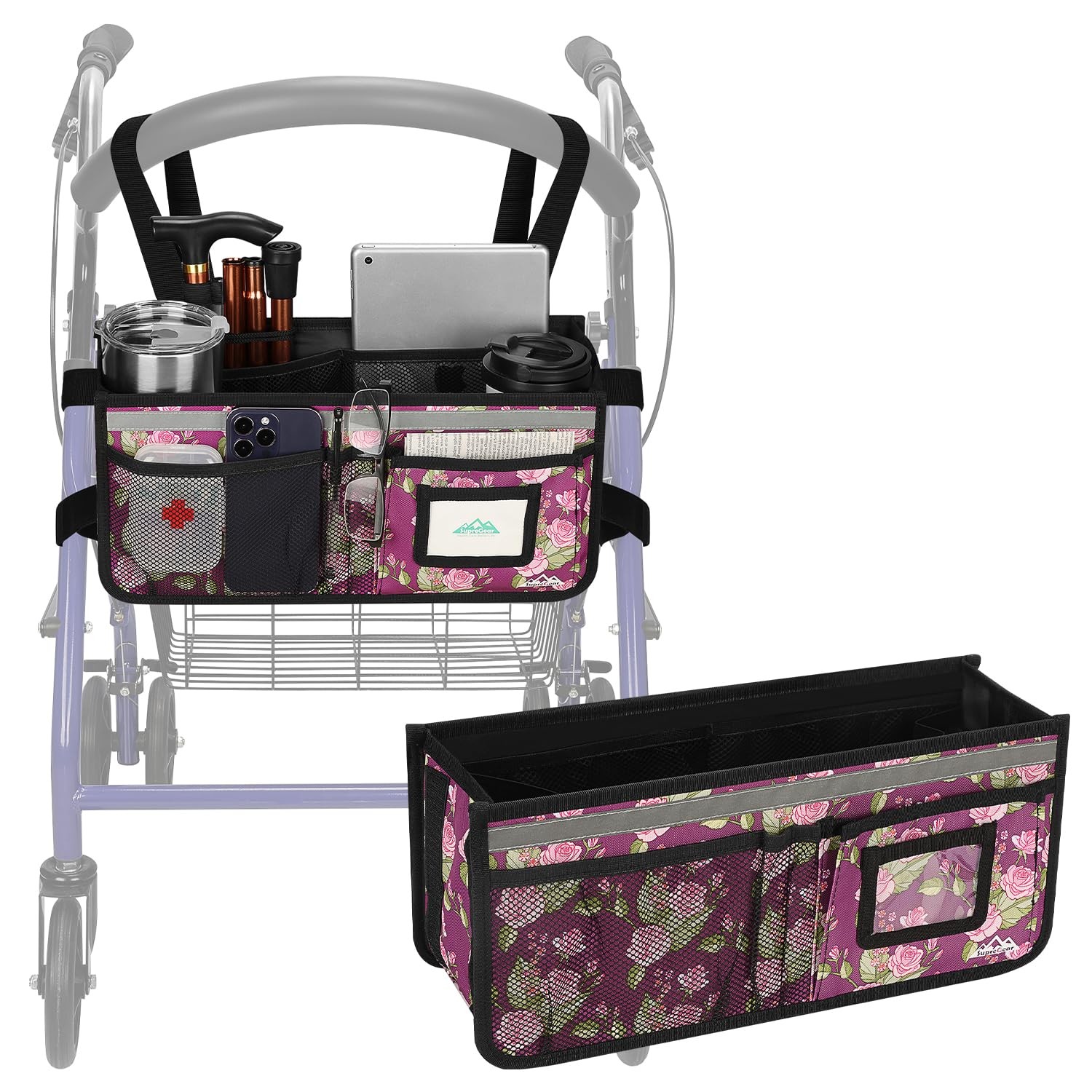 Rollator Basket, Rollator Walker Bag w/Cup Holder, Foldable Rolling Walker Wa...