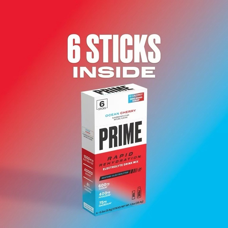 Prime Rapid Rehydration Sticks, Ocean Cherry, 6 Count, Box