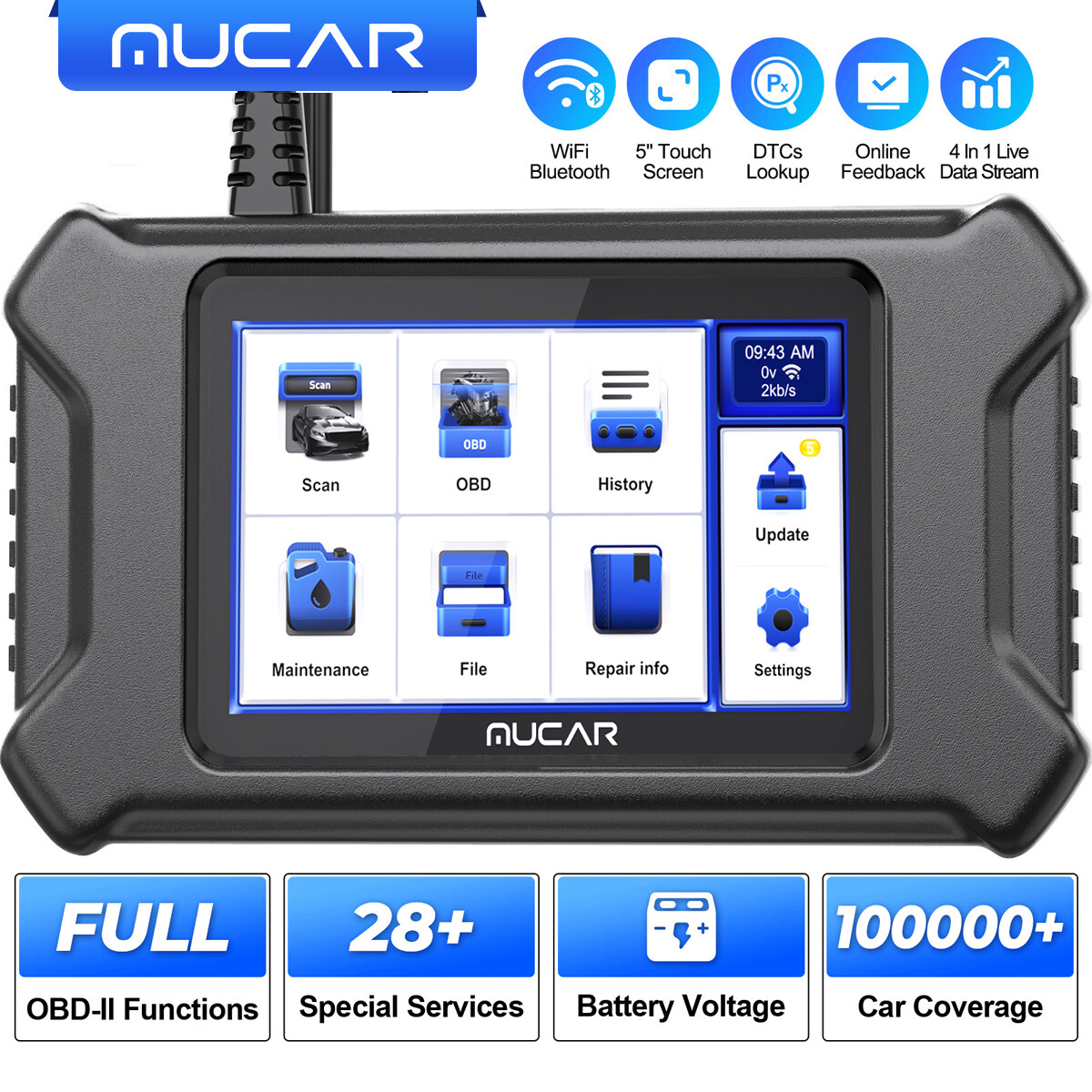 MUCAR OBD2 Scanner Engine Fault Diagnostic Tool Code Reader 28 Resets Service