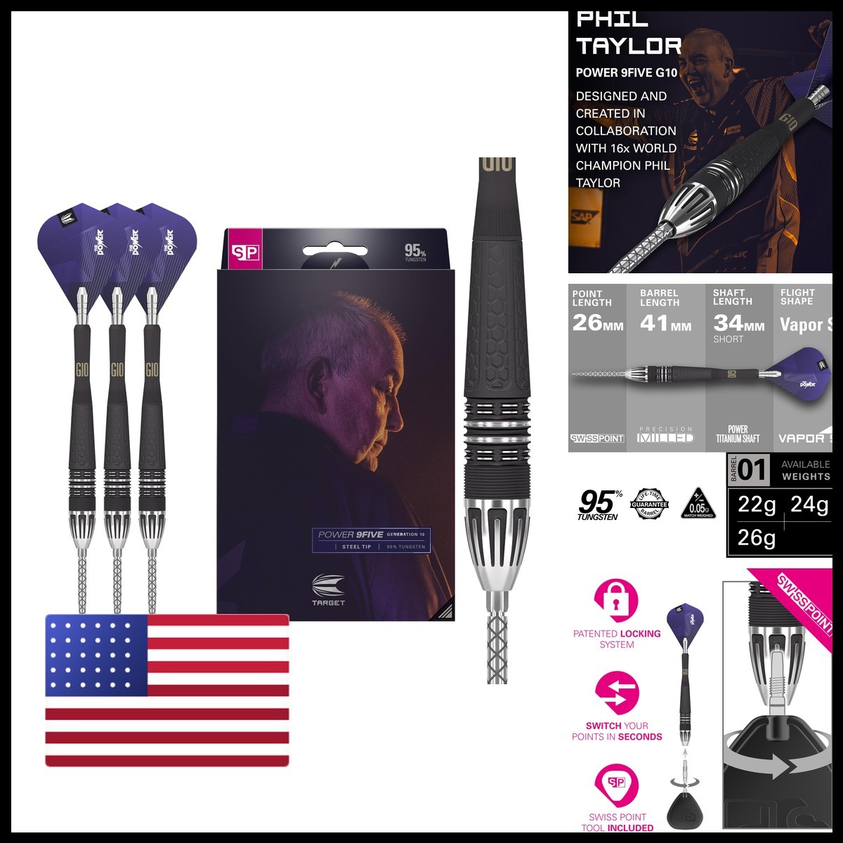 Target Darts Phil Taylor Power 9-Five Gen 10 24G 95 Tungsten Swiss Point Steel