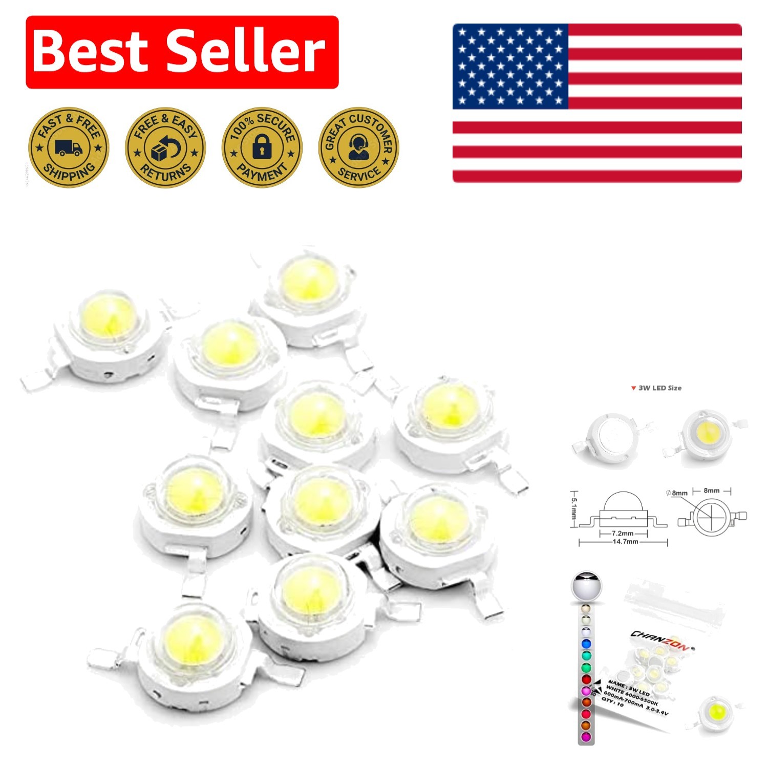 6000K-6500K 3W LED Chip Set - 10 Pcs White Light for Home Lighting Solutions