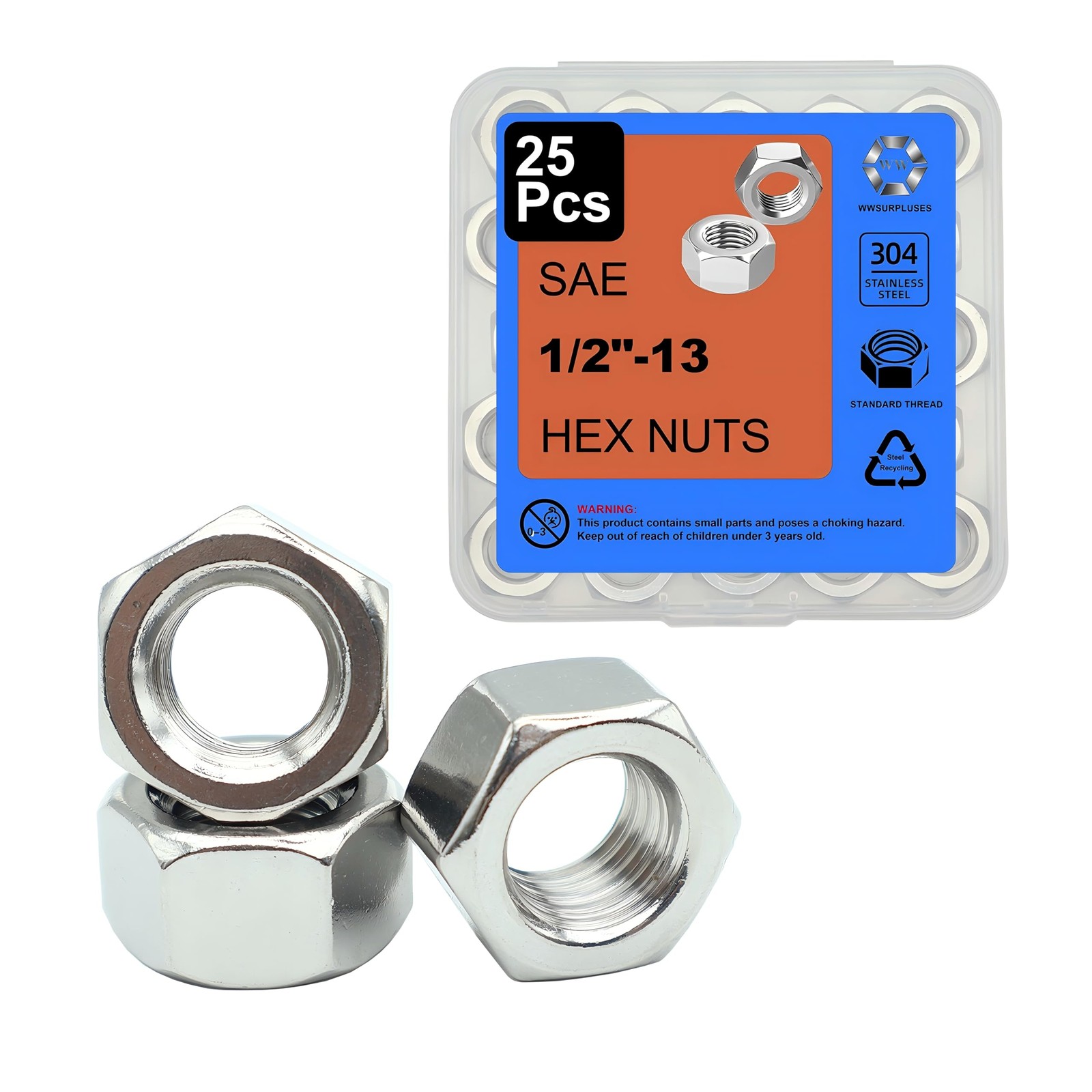 25 PCS 1/2-13 Hex Nuts 304 Stainless Steel A2-70 Standard Inch Coarse