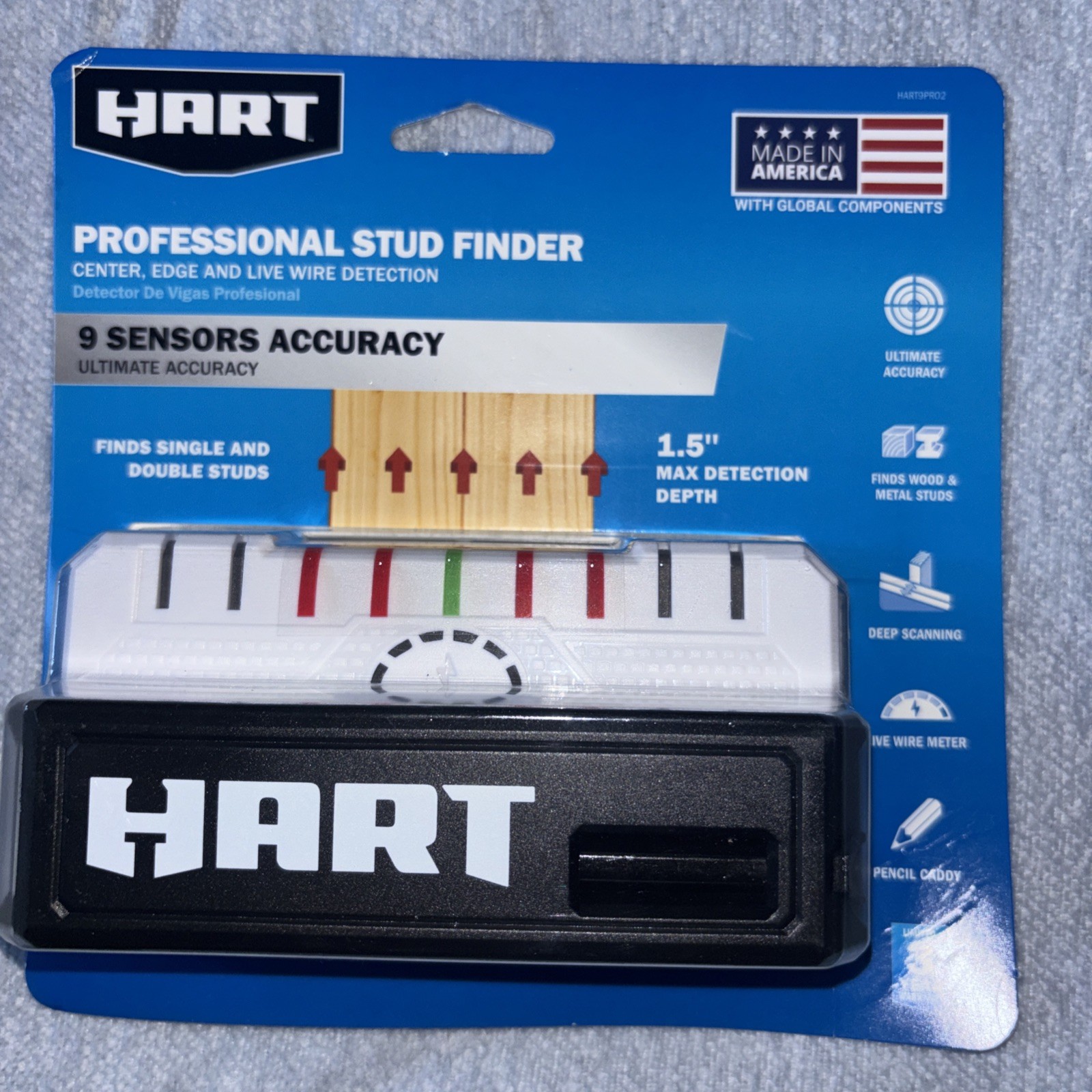 Hart Professional Stud Finder - Center, Edge And Live Wire Direction ~ 9-Sensors