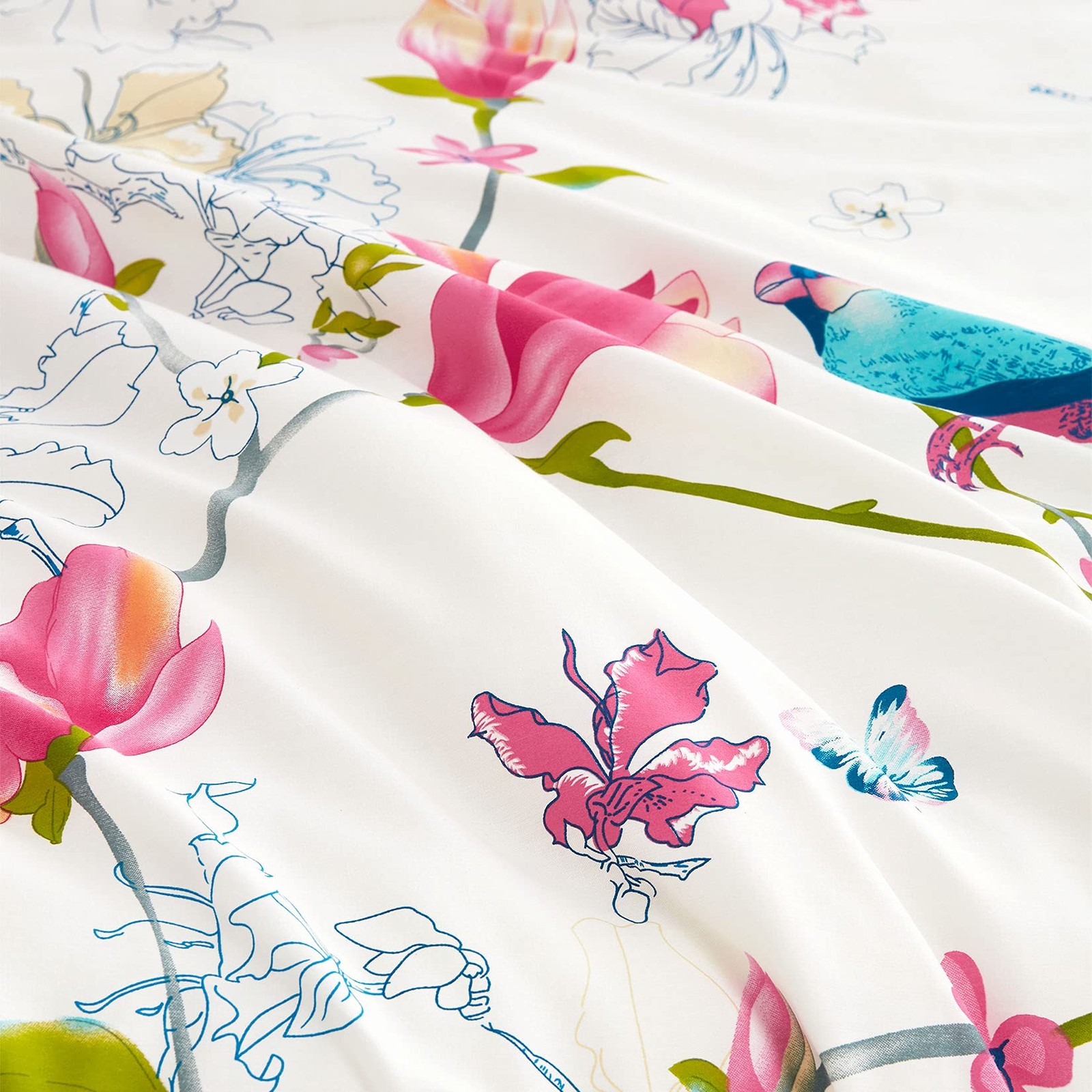 - Floral Bed Sheets, 100% Cotton, 4-Piece Sheet Set, Bird Patterned Printed B...