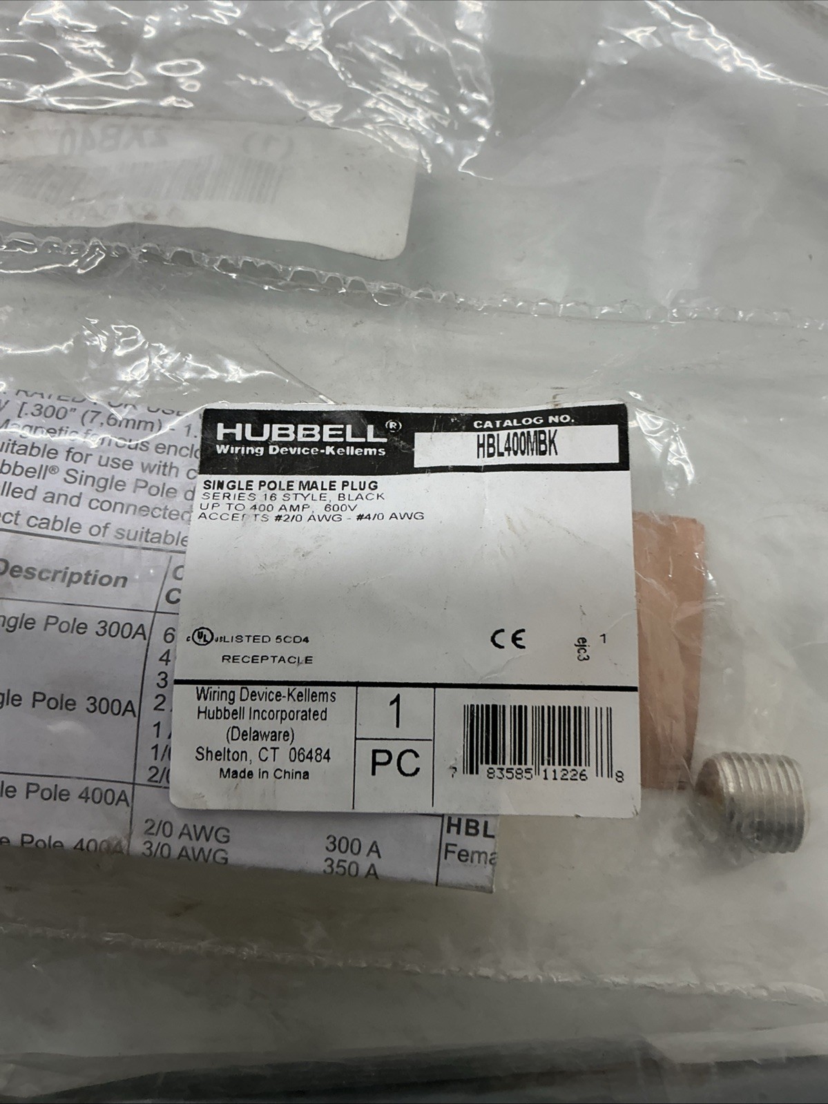 Hubbell HBL400MBK Single Pole Male Plug AC-283