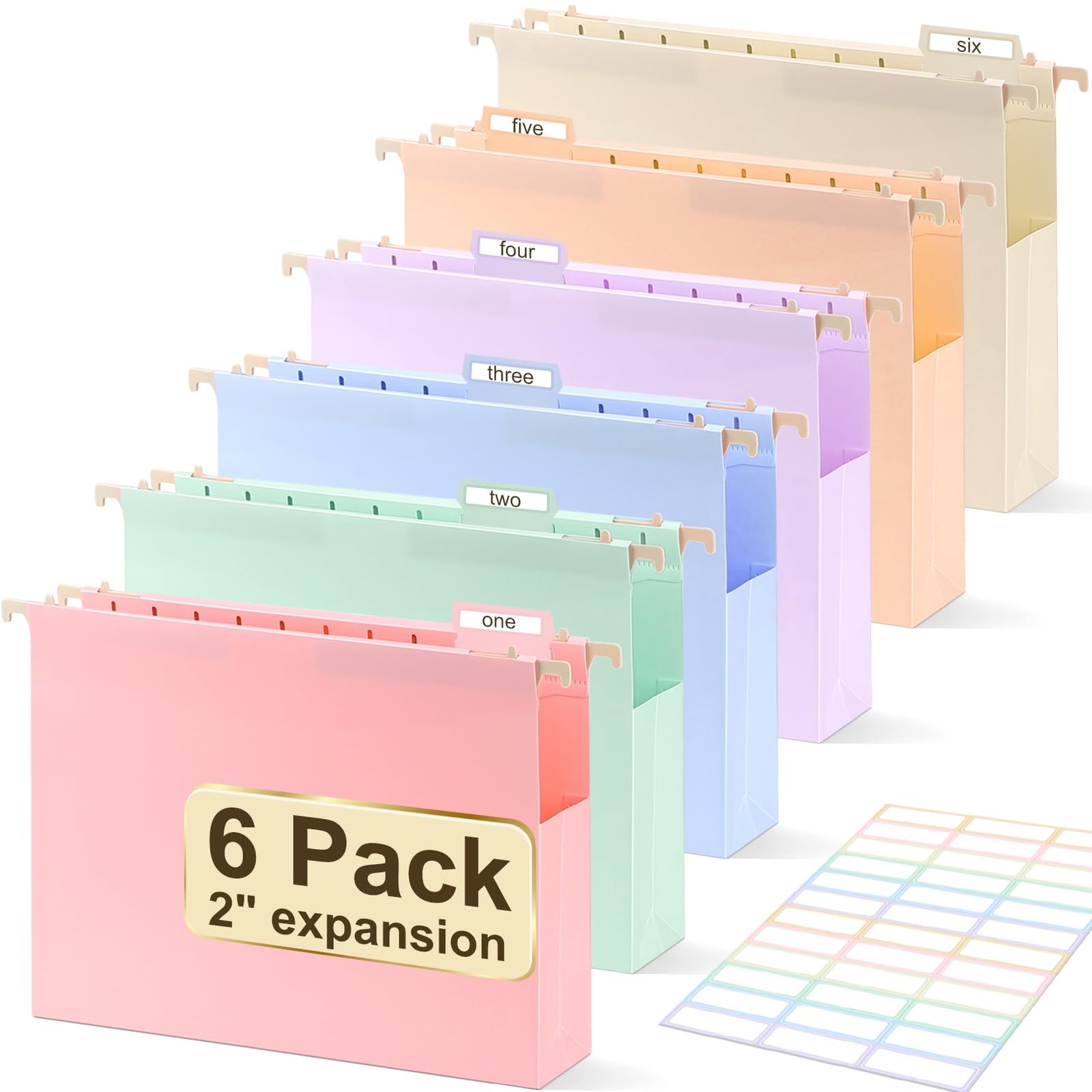 6 Pack 2 Inch Extra Capacity Plastic Hanging File Folders with Tabs, Pastel