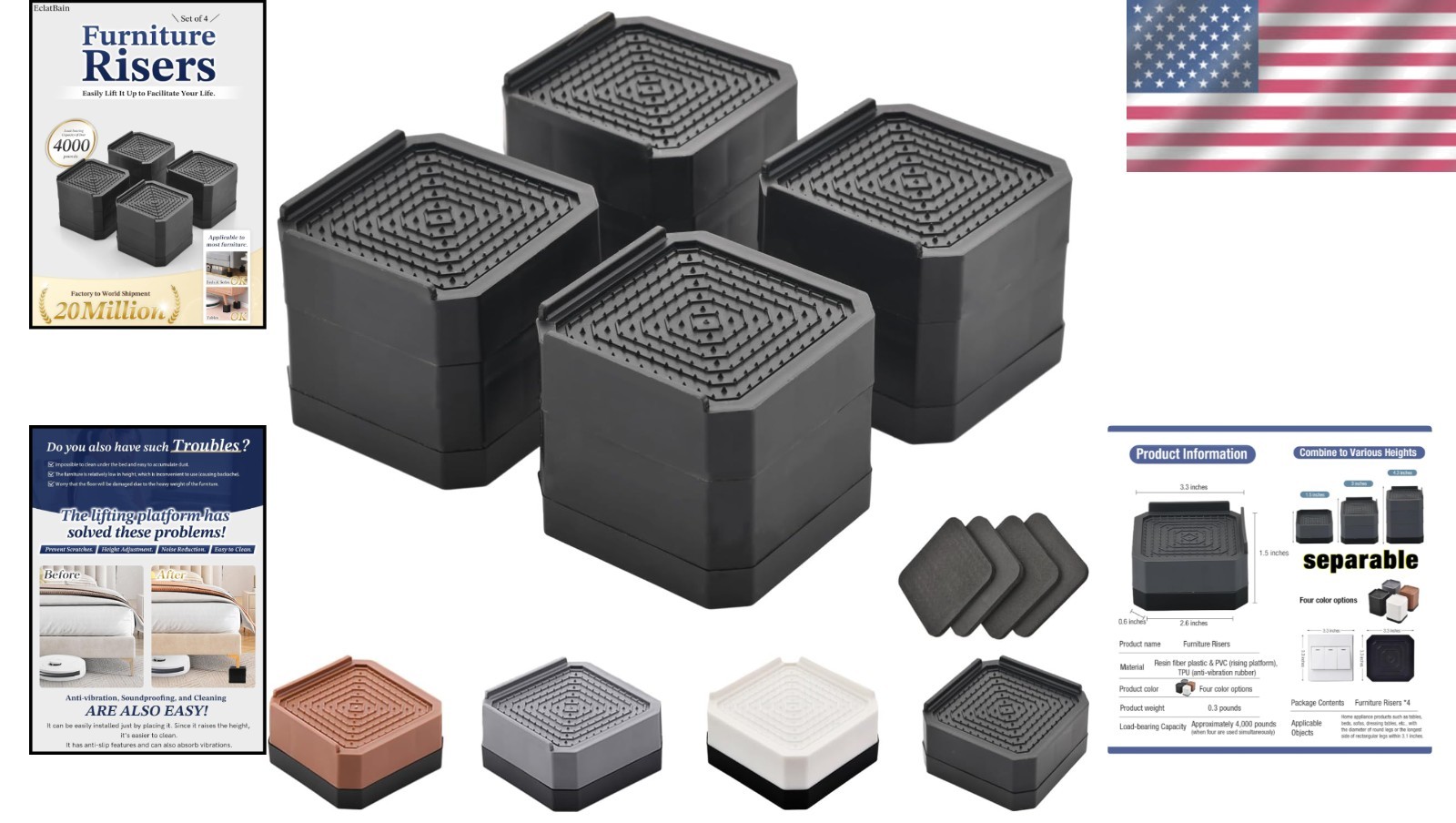Heavy-Duty Rectangular Bed Risers - Adjustable 3 to 4.3 Inches - Space Enhancer