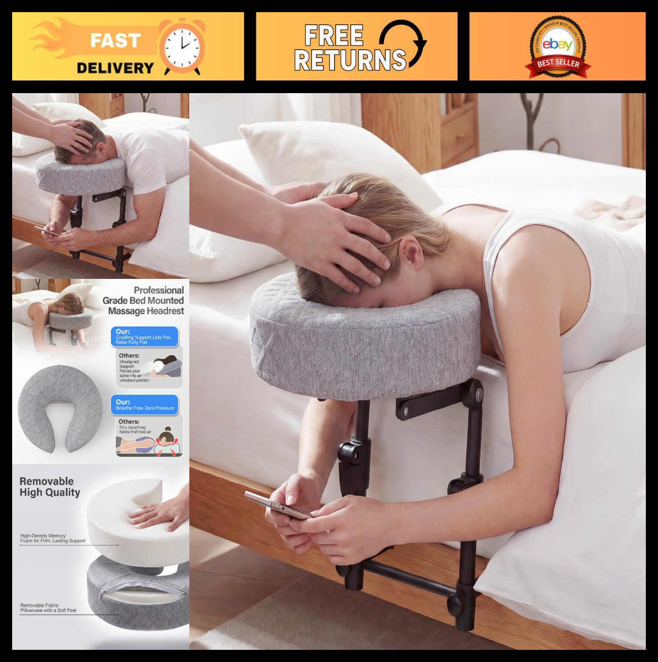 Adjustable Portable Massage Headrest for Bed, Memory Foam Face Cradle, Spa & Rec