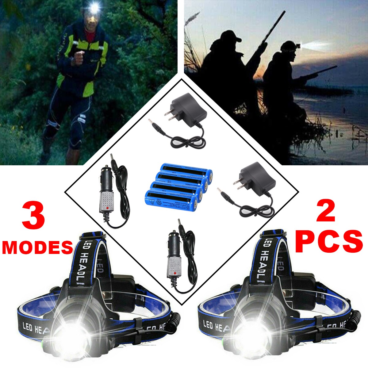 2Pack Super Bright LED Headlamp Zoom Camping Head Torch Headlight Sport 3 Mode
