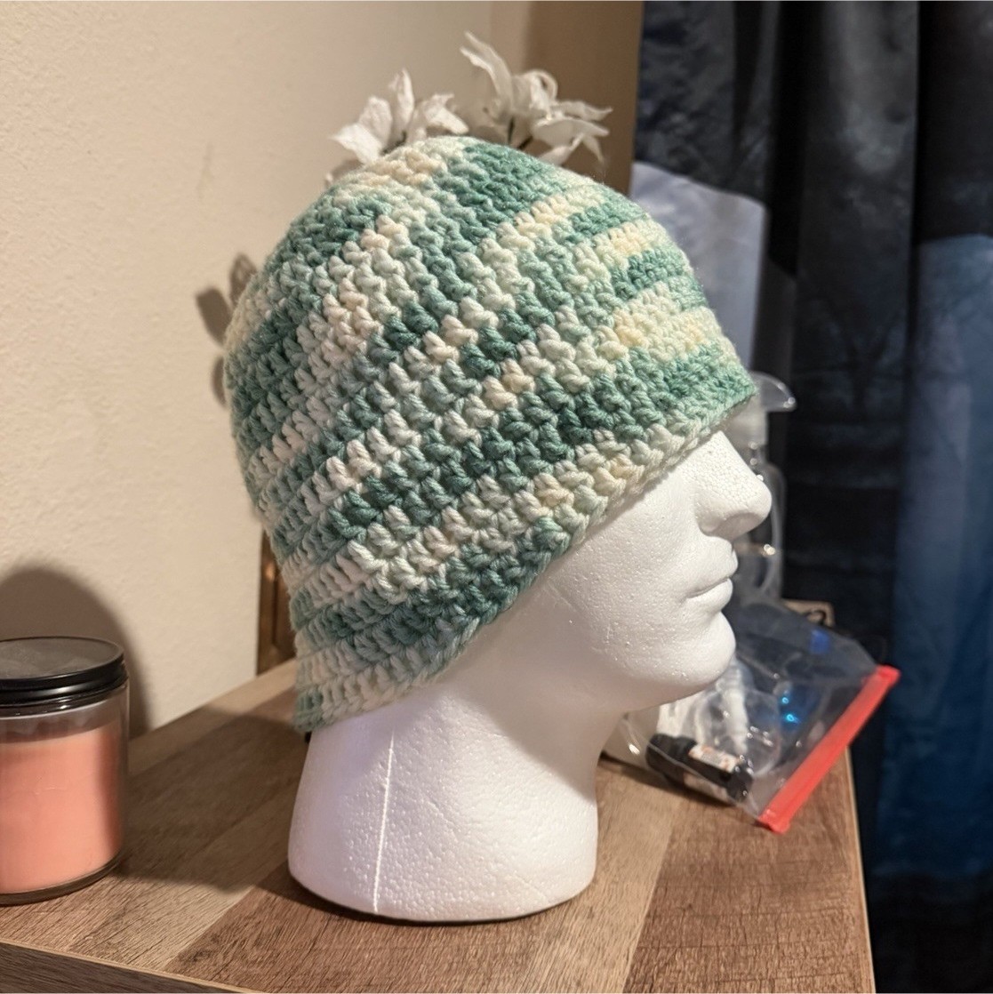 Handmade Handcrafted Colorful Green and White Crochet Knit Beanie Hat Cap